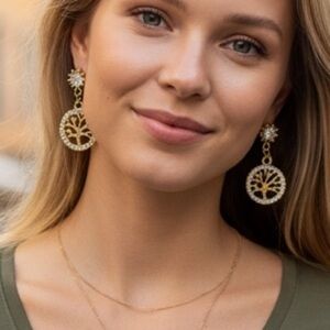 Artisan Gold and Rhinestone Tree of Life Earrings